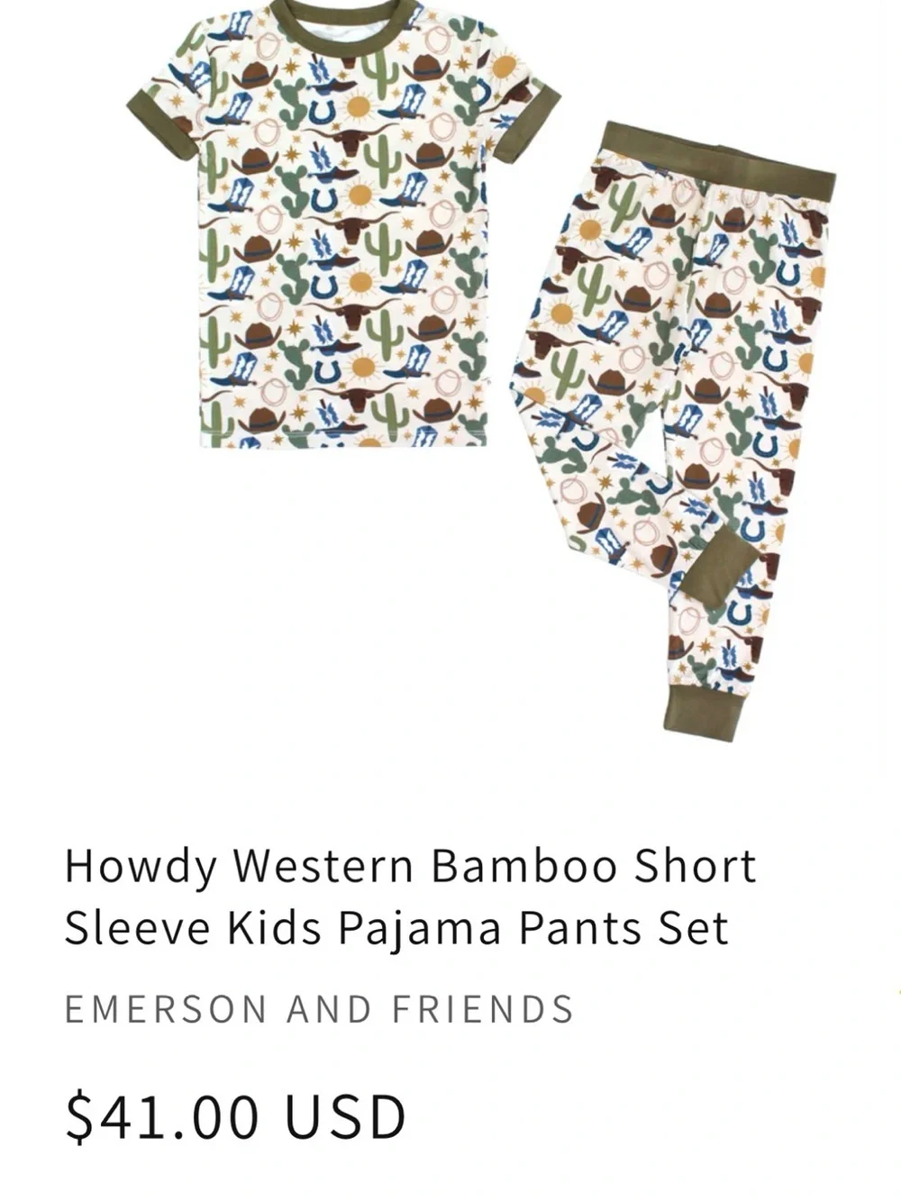 Howdy Western Bamboo Short Sleeve Kids Pajama Pants Set